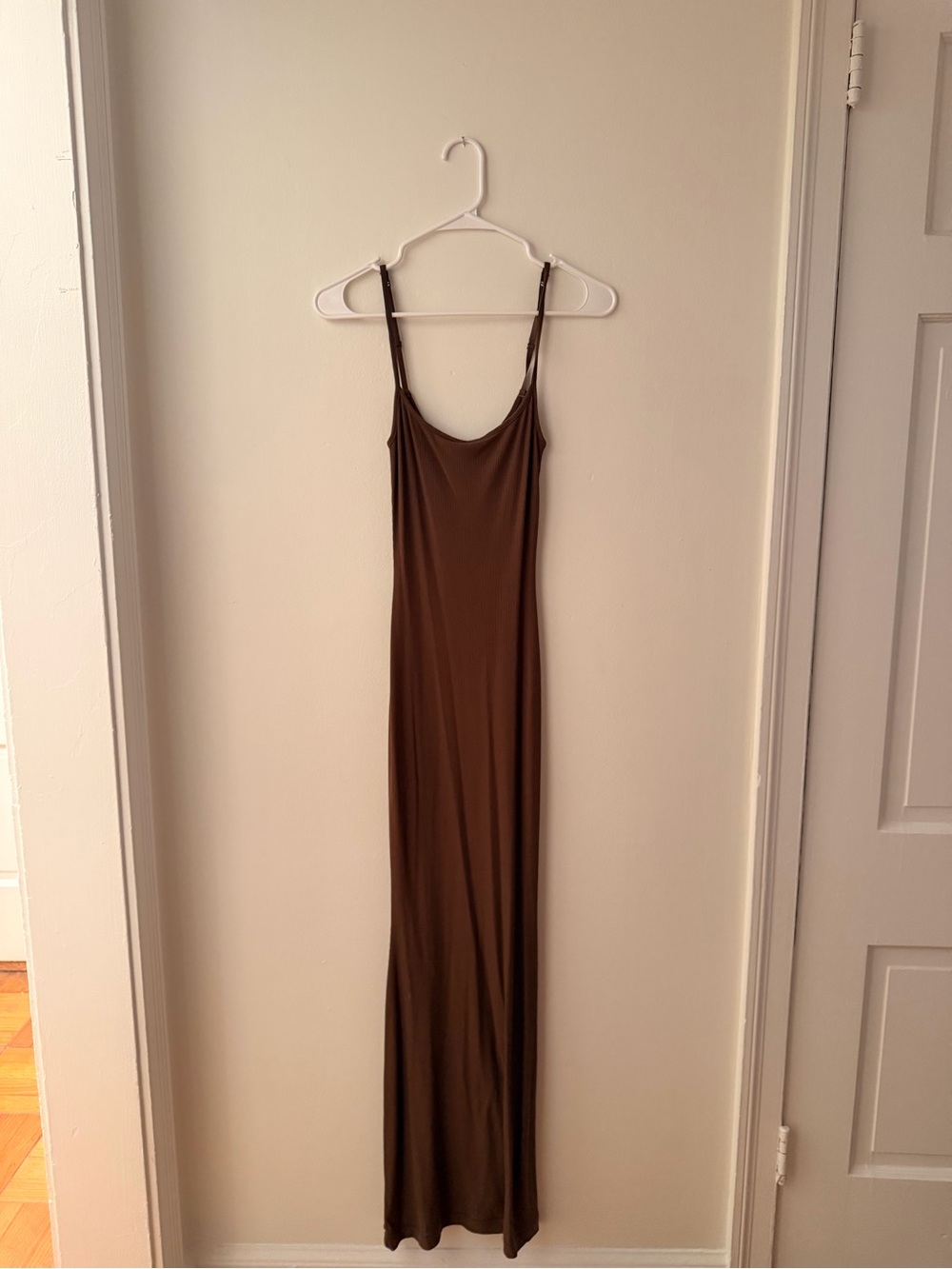 SKIMS Chocolate Brown Slip Maxi Dress with Slim Straps